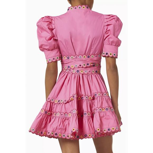 CELIA B Einar Pink Embroidered Puff Sleeve Tiered Mini Dress Size Small - Picture 2 of 5
